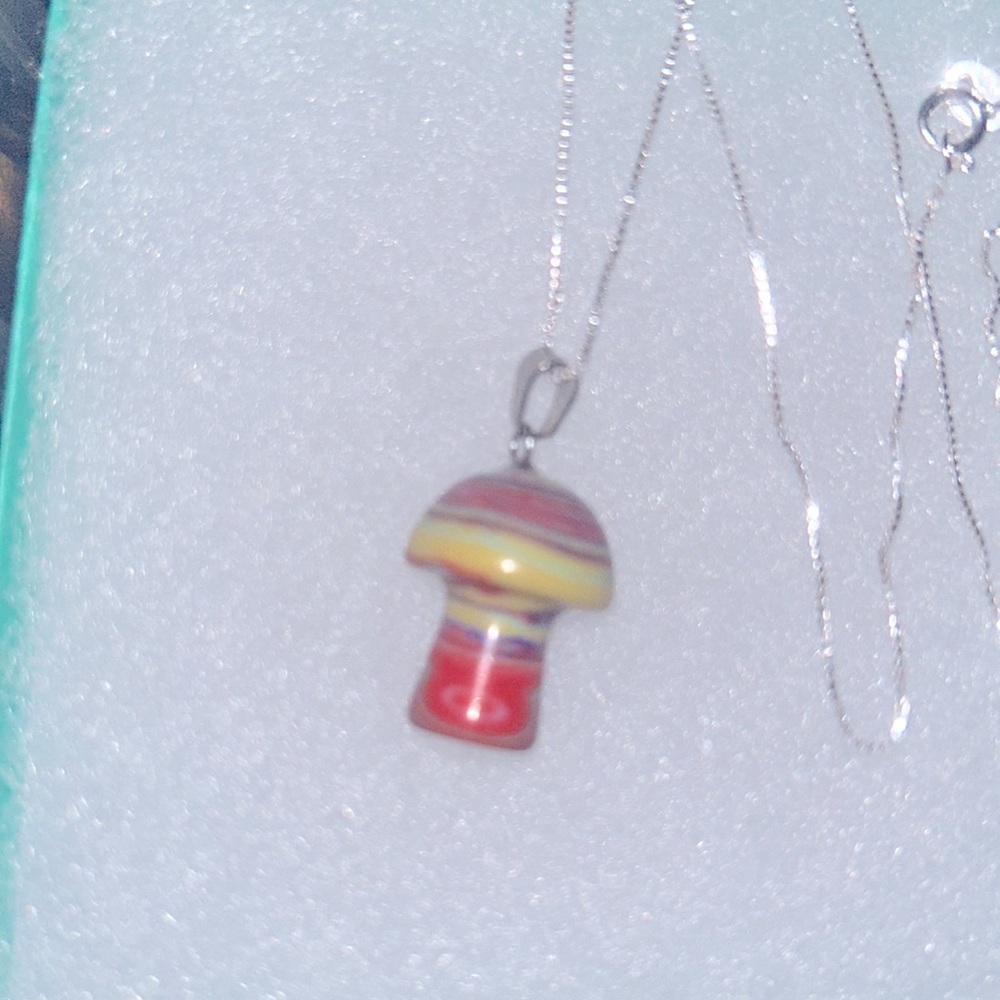 Boho Rainbow Calsilica Mushroom Sterling Silver Necklace 16”